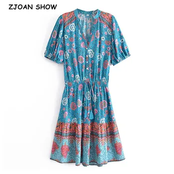 2021 Bohemijos Gėlių spausdinti Mini Suknelė BOHO Moteris Atidaryti Mygtukai V kaklo Kutas Lankas Elastinga Juosmens trumpomis Rankovėmis Suknelės Atostogų Skraiste