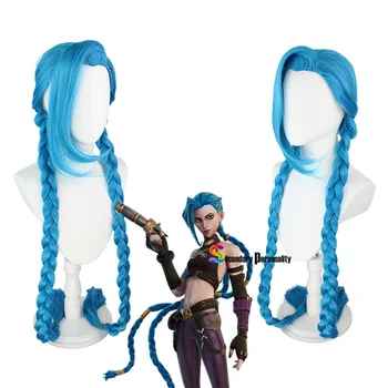 2021 LOL Jinx cosplay perukas Jinx mėlyna nerijos Laisvi Patrankos perukas su mėlyna pynės Jinx sintetinių plaukų + perukas bžūp