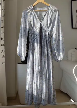 2022 M. Rudenį Pagrindinio Ilga Suknelė Ilgomis Rankovėmis V-Kaklo Gėlių Spausdinti Retro Derliaus Linija Moterų Suknelės, Elegantiškos Korėja Mados Vestidos