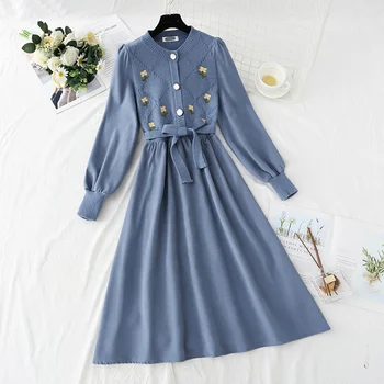 2022 m. Pavasarį, Rudenį Saldus Išsiuvinėti Megzti Suknelę Moteris, O-kaklo Mėlynas Vintage Kratinys Velvetas Suknelės ilgomis Rankovėmis Vestidos