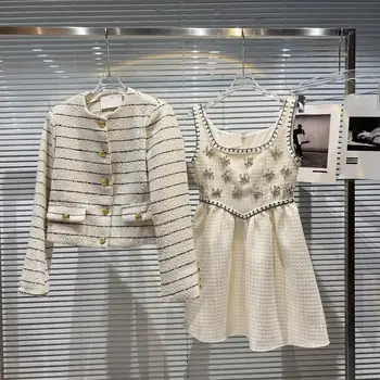 2022 m. rudens žiemos naujas dryžuotas tvido trumpas kailis + kalnų krištolas granulių dress lady kostiumas, dviejų dalių rinkiniai