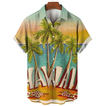 2023 Havajų vyriški Marškinėliai Paplūdimys Kokoso Medžio Spausdinti Marškinėliai Vyrams Lopel Kaklo Mygtuką Trumpas Rankovės Viršų Mados Vyrų Drabužiai Palaidinė