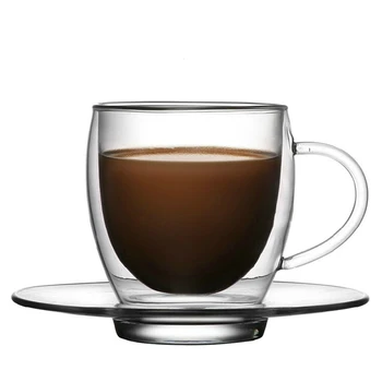 250ml kavos puodelis skaidraus dvigubo stiklo arbatos puodelio su lėkšte kūrybinės Europos stiliaus karščiui atsparaus namų geriamojo taurė