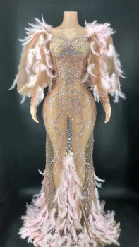 Aukščiausios Kokybės Rožinės Spalvos Putojantis Deimantų Plunksnos Mermaid Dress Sexy Ilga Suknelė Embrider Švęsti Vakare Šalis Suknelė