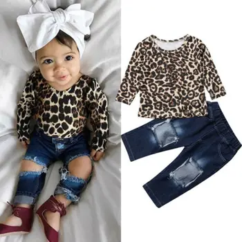 Bamblys Baby Girl Leopard Ilgomis Rankovėmis Viršūnes Marškinėliai Kankina Džinsinio Sunaikinti, Džinsai, Kelnės Vaikams Drabužių Komplektus