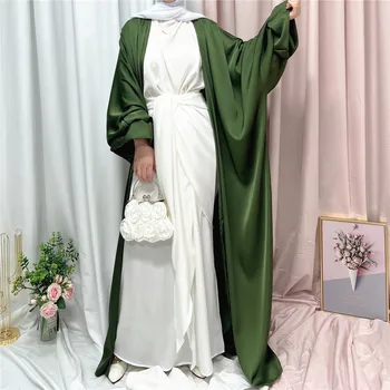 Eid Atidaryti Abaja Kimono Satino Dubajus Abayas Moterų Sluoksniuotos Rankovėmis Musulmonų Suknelė, Hijab Paprasto Maroko Kaftan Turkijos Islamo Drabužiai
