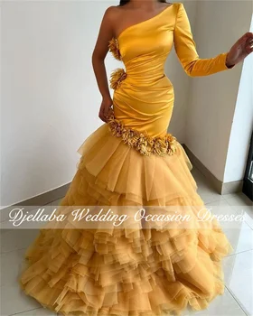 Elegantiškas Aukso Vieno Peties Satino Vakaro Suknelės 2023 Appiques Raukiniai Promenadzie Suknelė Oficialią Šalies Chalatai Vestidos De Fiesta