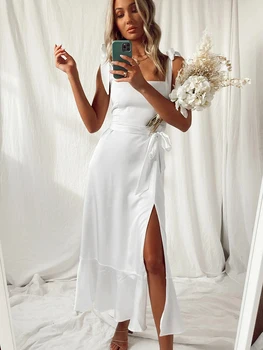Elegantiškas Vasarą Maxi Suknelė Moterims 2022 Lankas Susieta Petį Šalies Klubas Suknelės, Palaidi Tinka Elegantiškos Mados Pynimas Padalinta Suknelė