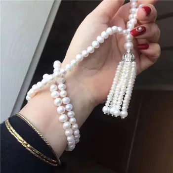 Gamtos 8-9mm gėlavandenių perlų ilgas megztinis grandinės Karoliai ilgai kutas draugei, Karoliai, 32inch