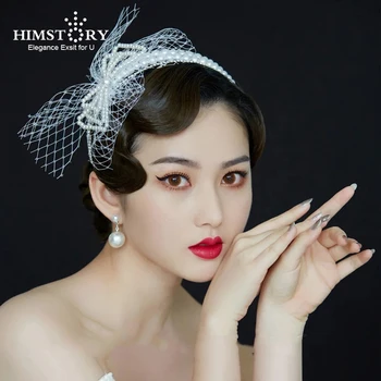 HIMSTORY Nuotakos Šukuosena korėjos Bowknot Lankelis Hepburn Retro Pearl Ju Siūlų Vestuvių Suknelė, Plaukų Aksesuarai