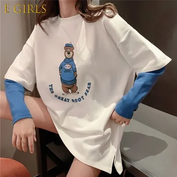 Ilgomis Rankovėmis moteriški marškinėliai Drabužių Viršūnes Rudenį Netikrą Du Pulovers Grafinis Super Gaisro Estetinės Mados Atsitiktinis Palaidų Midi korėjos