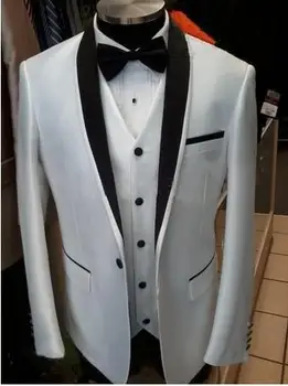 Individualizuotos Dizainas Pusėje Ritininės Juoda Satino Atvartas Vieną Mygtuką, Balta Jaunikis Tuxedos Groomsman Geriausią vyro Kostiumai ( švarkas+Kelnės+liemenė+kaklaraištis)