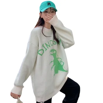 Juoda Dinozaurų Sweatershirts Moterų Rudenį Naujų Prarasti korėjos laisvo Stiliaus Megztinis Megztas Viršų