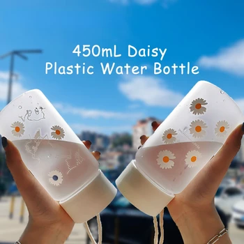 Karšto 450ml Mažas Daisy Skaidraus Plastiko Vandens Butelių BPA Free Kūrybos Matinio Vandens Butelis Su Nešiojamų Virvę Kelionės Arbatos Puodelio