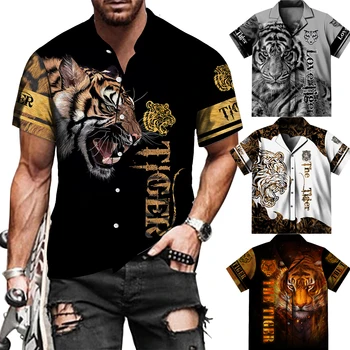 Kietas Gyvūnų 3D Tigras Spausdinti Mygtuką Marškinėliai Mados trumparankoviai Hip-Hop Streetwear Kietas Viršūnes Negabaritinių Palaidinės Camisa