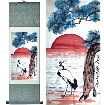 Kranas ir pušies dažymo, Namų Biuro Apdailos Kinijos pažymėkite tapybos paukščių ir medžių tapybos krano ir pušies tapyba