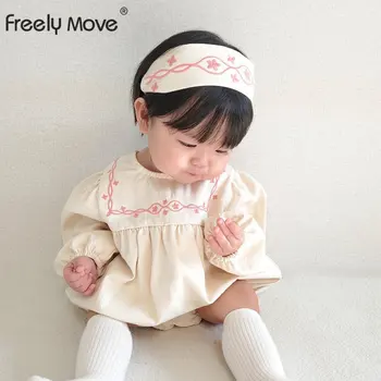 Laisvai Judėti Korėjos 2023 M. Pavasarį Naujas Romper Baby Girl Drabužiai Gėlių Siuvinėjimas O Kaklo Kūdikiui Ilgomis Rankovėmis Jumpsuit Baby Sweet Romper