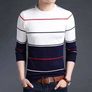 Mados Prekės Ženklo Sweater Mens Megztinis Dryžuotas Slim Fit Džemperiai Knitred Vilnonių Rudenį Korėjos Stiliaus Atsitiktinis Vyrų Drabužiai