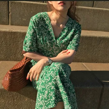 Moterys Vasarą Elegantiškas V Kaklo Mažai Gėlių Ilgai Žalia Suknelė trumpomis Rankovėmis Aukštos Juosmens-line 