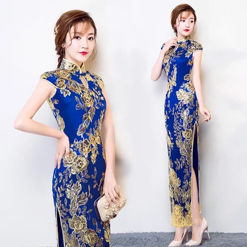Moterų Nėriniai Ilgai Qipao Vintage Stiliaus Kinijos Cheongsam Aukso Siuvinėjimai Gėlių Sijonas Mėlyna Vakare Šalis Suknelė Elegantiškas Vestidos