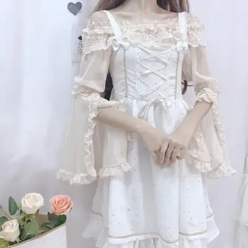 Nauja Japonų minkštas sesuo dugno Lolita su vienu apykaklės Ji rankovės trimitas rankovėmis marškinėliai merginos viktorijos gothic lolita dress