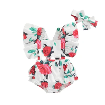 Naujagimis Baby Girl Vasaros Komplektai Pynimas Gėlių Spausdinti Bodysuit +Lankelis 2vnt Sunsuit Vasaros Drabužių