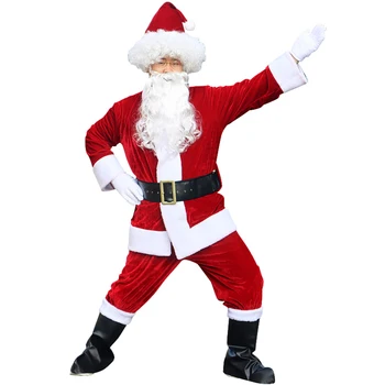 Naujas 10vnt/daug Kalėdų Senelio Kostiumas Vyrams Aksomo Drabužiais Išgalvotas Suknelė Kalėdų Kelnės+Viršūnes+Hat+Diržas+Barzda Suaugusiems