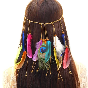 Plunksnų Turbaną Ponios Hairband Reguliuoti Boho Plunksnų Lankelis Moteris Festivalis Plaukų Aksesuarai Povas Hipis Moteris