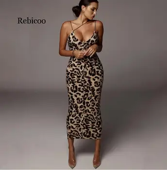 Seksuali Gyvatė, Leopardas Spausdinti Spageti Dirželis Bodycon Midi Suknelė Moterų 2020 M. Vasaros Mados Vestidos Naktį Šalies Klubas Suknelės