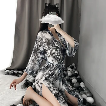 Seksualus apatinis Trikotažas Spausdinimo Šifono Žr.-per Japonų Kimono Pižama Vienodas Pagundai Chalatas Nightdress Striptizo Apranga