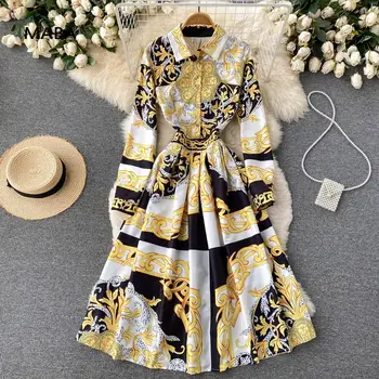Senovinių Rūmų Suknelė 2022 M. Pavasarį Moterys Pasukite Žemyn Apykaklės Ilgomis Rankovėmis Aukštos Juosmens Mygtuką Geltona Elegantiško, Prabangaus Kilimo Ir Tūpimo Tako Suknelės Boho
