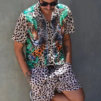 Vasarą Naujas Vyrų Rinkiniai Havajų Leopardas Spausdinimo Mygtukas Trumpas Rankovės Marškinėliai Atsitiktinis Paplūdimio Šortai Mens Kostiumai 2 vnt Vyrų Drabužiai.