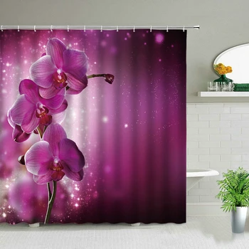 Violetinė Gėlė Augalų Orchidėjų Dušo Užuolaidos Vandens Lašas Tvenkinys Spausdinti Zen Sodo Dekoracijos Vandeniui Vonios kambarys, Vonios Užuolaidos Kabliukai