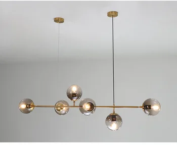 Šiaurės dizaineris ilgai juostelės liustra valgomasis gyvenamasis kambarys modelis kambario šviestuvo stiklo lemputės, metalo polių liustra