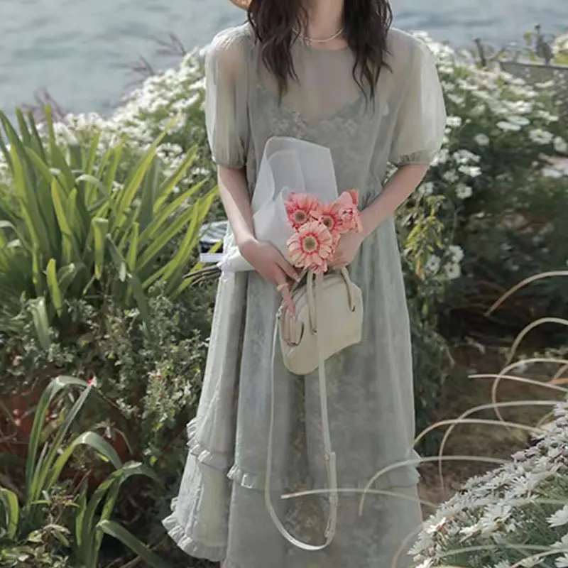 Prancūzijos Retro Stiliaus Elegantiškas Pasakų Suspender Suknelė Gėlių Dirželis Suknelė Dviejų Dalių Vasaros Prarasti Lieknėjimo Kostiumas Suknelė